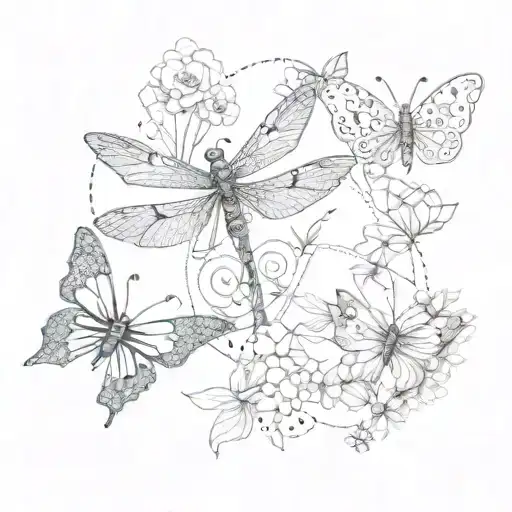 Collage tattoo similar to paper collagefeaturing dragonfly, butterfly, flowers. the backound contains dots and circles.  tattoo design idea