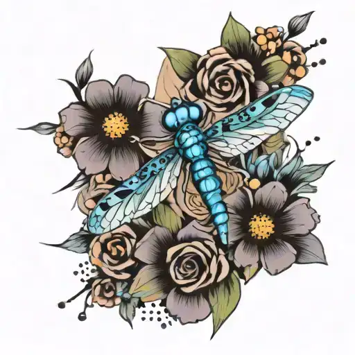 collage tattoo featuring dragonfly, butterfly, flowers, background containing torn paper, dots and circles.  tattoo design idea