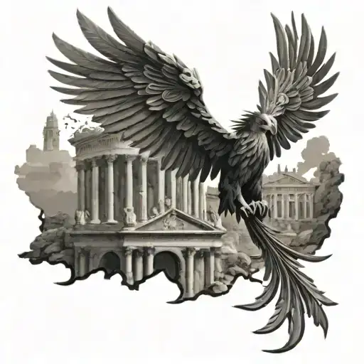 An intricate design combining elements of Harry Potter's world and ancient Rome, like a phoenix flying over the ruins of the Roman Forum tattoo design idea