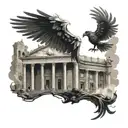 An intricate design combining elements of Harry Potter's world and ancient Rome, like a phoenix flying over the ruins of the Roman Forum tattoo design idea