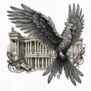 An intricate design combining elements of Harry Potter's world and ancient Rome, like a phoenix flying over the ruins of the Roman Forum tattoo design idea