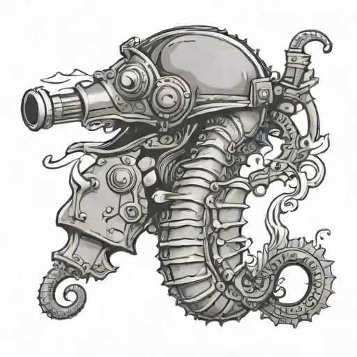 A seahorse holding an M16 and wearing a army helmet tattoo design idea