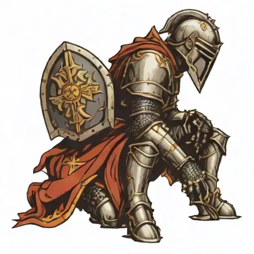 crusade knight kneeling in full armour side profile tattoo design idea