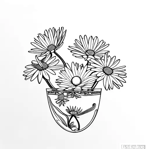 flowers in a wine glass: chrysanthemum, water Lily, larkspur, violets, narsciss, and daisy tattoo design idea