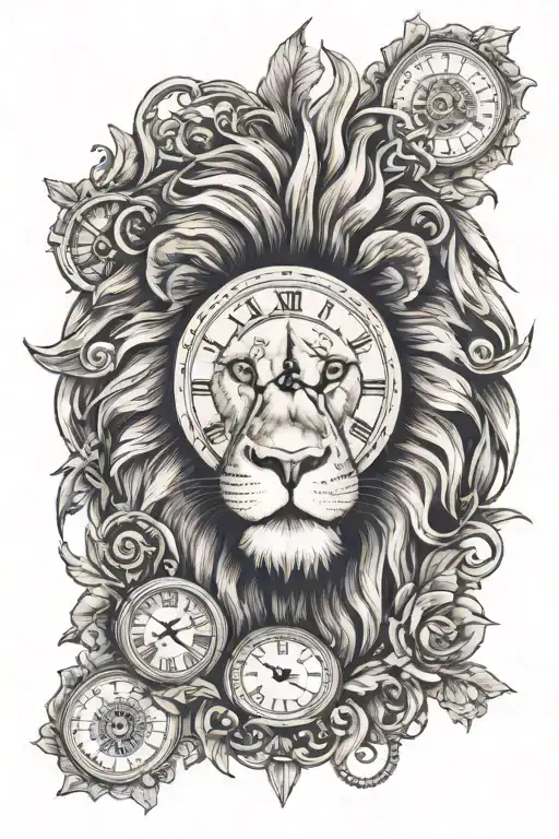 Create an image for a tattoo that is half a lion's face with a Roman time clock and a woman's eye tattoo design idea