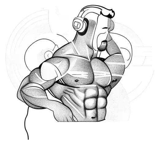 A bodybuilder with headphones flexing their muscles to the beat of music tattoo design idea