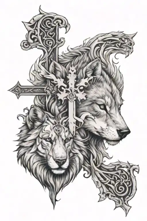 a cross separating wolf and lioness tattoo design idea