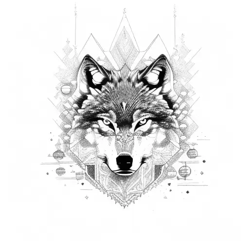 A fierce wolf surrounded by intricate trading charts tattoo design idea