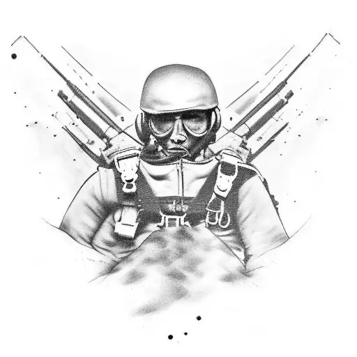 A bold and dynamic tattoo showcasing a military soldier skydiving into a warzone tattoo design idea