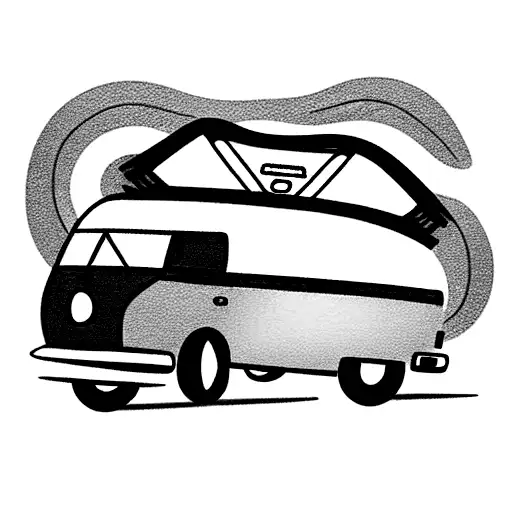 a blue travel van with luggage on the roof that emerges from a wave and joins the road. tattoo design idea