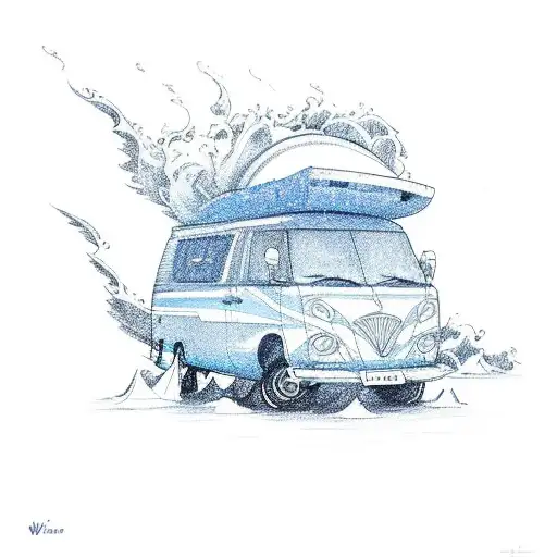 a blue travel van with luggage on the roof that emerges from a wave and joins the road. tattoo design idea