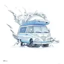 a blue travel van with luggage on the roof that emerges from a wave and joins the road. tattoo design idea