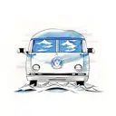 a blue travel van with luggage on the roof that emerges from a wave and joins the road. tattoo design idea