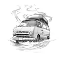 a blue travel van with luggage on the roof that emerges from a wave and joins the road. tattoo design idea