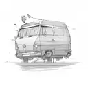 a blue travel van with luggage on the roof that emerges from a wave and joins the road. tattoo design idea