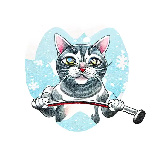 A new-school tattoo of a muscular cat lifting a barbell in a snowy landscape tattoo design idea