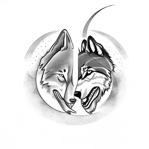 two wolfs chasing moon and sun  tattoo design idea