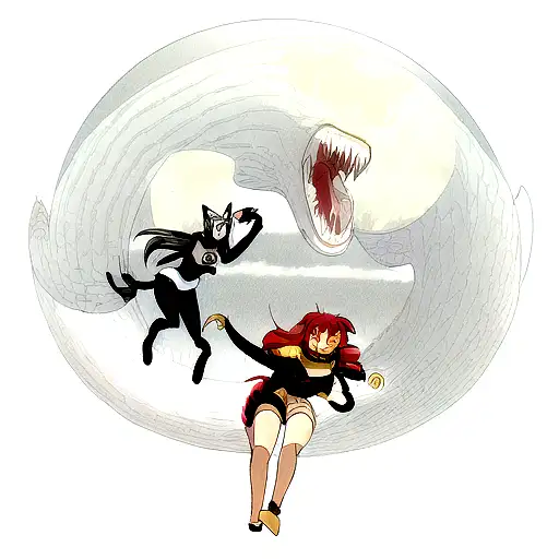 two wolfs chasing moon and sun inside huge snake who is eating herself tattoo design idea