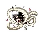 two wolfs chasing moon and sun inside huge snake who is eating herself tattoo design idea