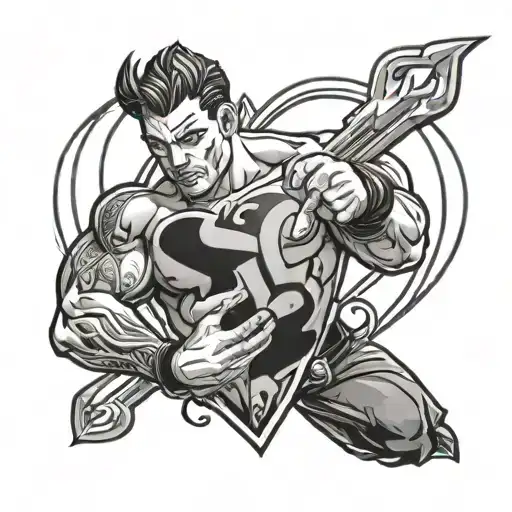 A black and grey tattoo of Luca from WWE holding a love heart with Taurus symbols in the background tattoo design idea