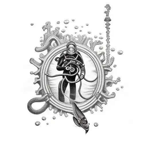 scuba diver with school of baracuda  tattoo design idea