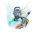 scuba diver with school of barracuda tattoo design idea