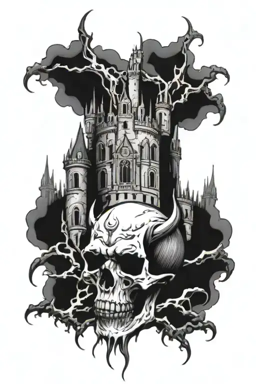 Gothic castle outline and devil face and skull surrounded tattoo design idea