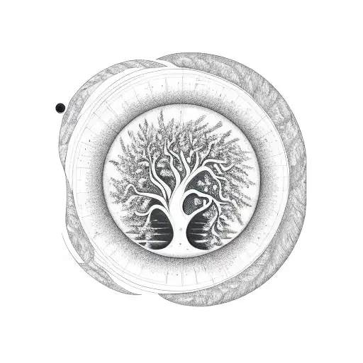 tree symbolizing the circle of life, with a sun and moon rotating around the tree tattoo design idea