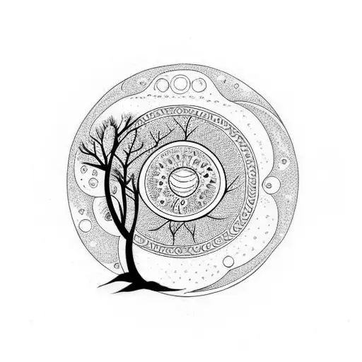 tree symbolizing the circle of life, with a sun and moon rotating around the tree lots of splashes of color tattoo design idea