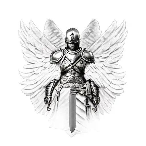 an warrior angel with a helmet, breastplate, sandals, shield and sword  fighting demons in a war background tattoo design idea
