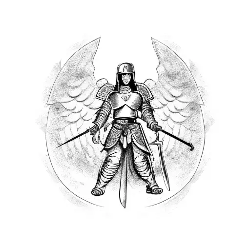 an warrior angel with a helmet, breastplate, sandals, shield and sword  fighting demons in a war background tattoo design idea