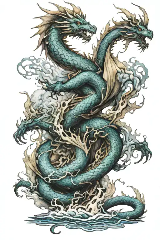 Dragon fire earth water air flowing tattoo design idea