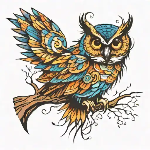 owl perched on a branch tattoo design idea