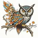 owl perched on a branch tattoo design idea