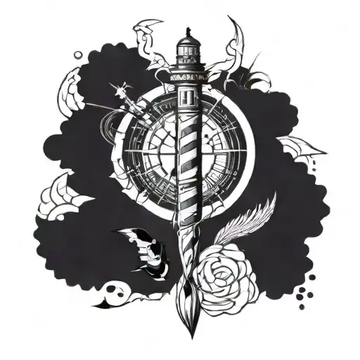 nautical leg sleeve with a mermaid, lighthouse and anchor tattoo design idea