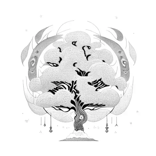 gobelins dancing around a spiritual tree under a black room through time with indou symbols tattoo design idea
