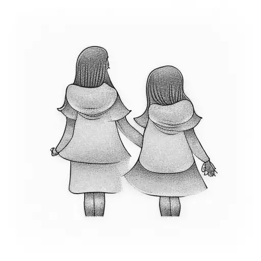 A tattoo design of a mother and daughter holding hands, with the names 'Evleen' and 'Alina' written in elegant script below them tattoo design idea