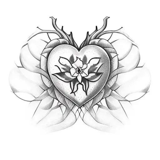 A realistic heart made of holly and daffodils simple  tattoo design idea