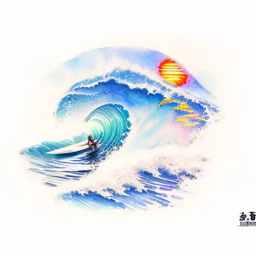 watercolor sytle, wilth surfboard, wave, wishi harbor, Guishan Island with sunrise tattoo design idea