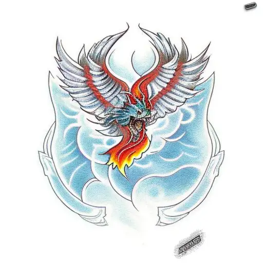 An intricate design of a Salmo transforming into a phoenix tattoo design idea