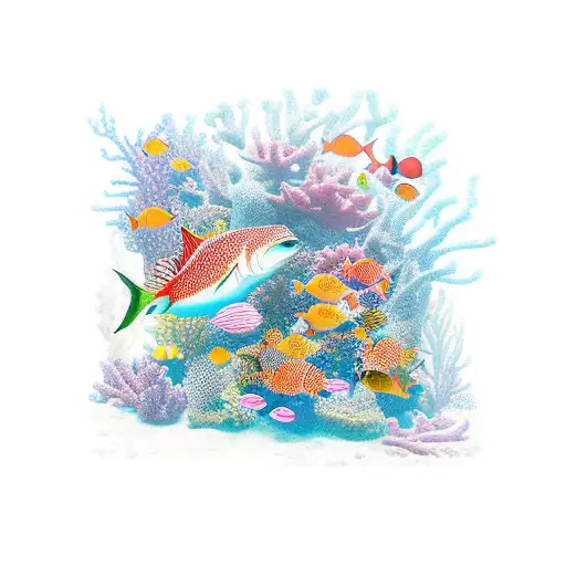 Salmo swimming through a vibrant coral reef tattoo design idea