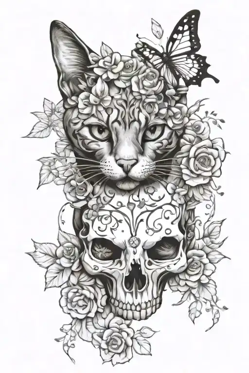 cat skull with flowers, butterflies and leafy vines tattoo design idea