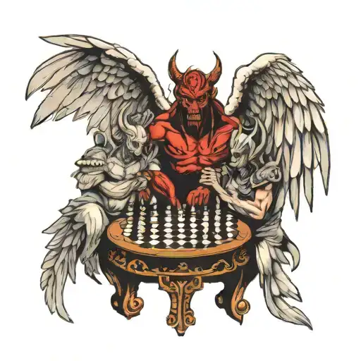 Demon with wing and Angel with wings playing chess  tattoo design idea