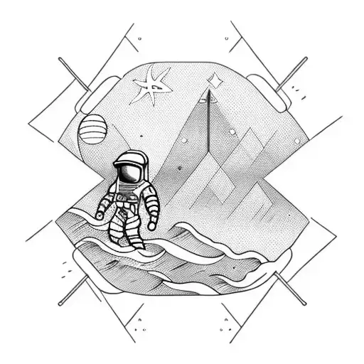 An astronaut practicing Jiu Jitsu on a beach with waves crashing in the background tattoo design idea