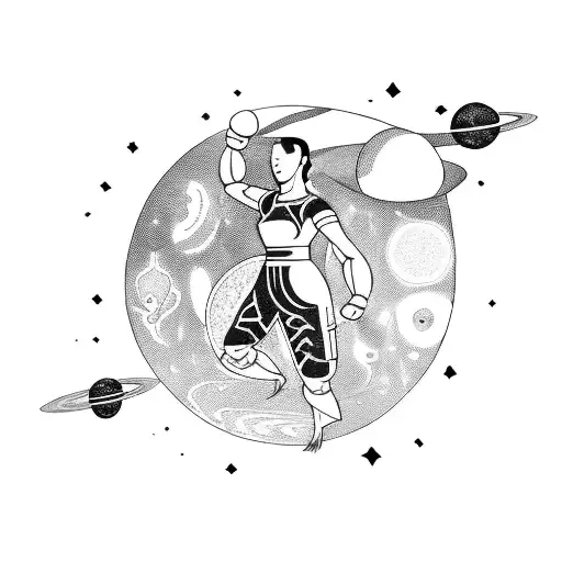A Muay Thai fighter in space, with planets and stars surrounding them tattoo design idea