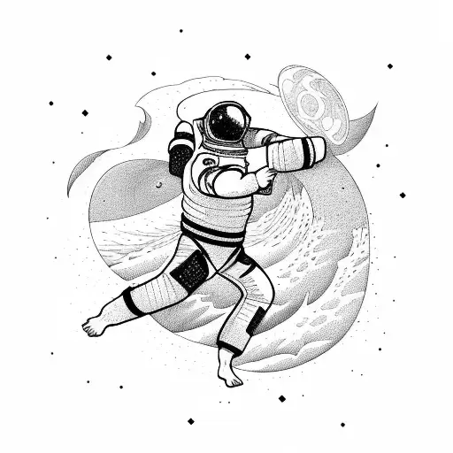 An astronaut practicing Jiu Jitsu on a beach with waves crashing in the background tattoo design idea