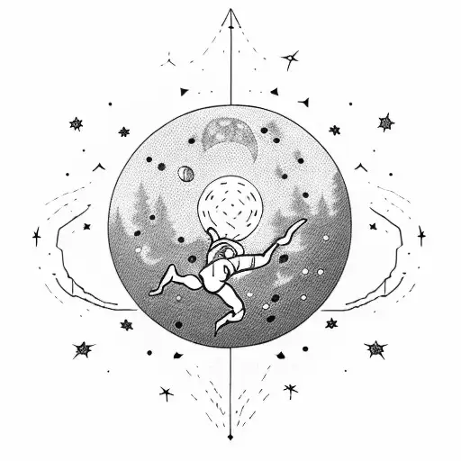 An intricate blackwork tattoo of an athlete leaping over a moon-shaped obstacle, with stars scattered around tattoo design idea