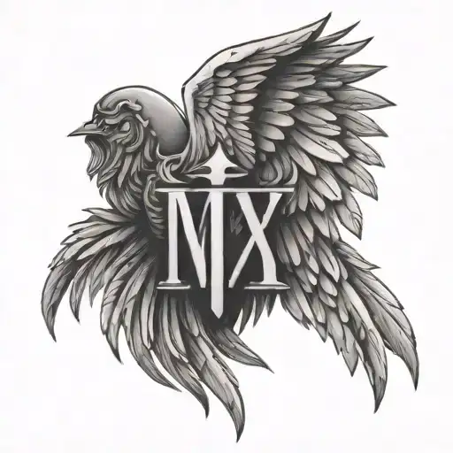 roman numerials with angel wings comming out the sides with a name above and halo overtop the name  tattoo design idea
