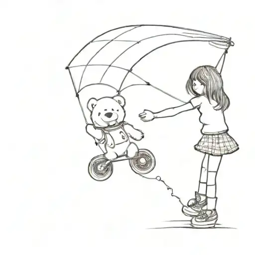 a little girl flying a kite, holding the hand of a teddy bear in roller skates and it says "go fly a kite" tattoo design idea