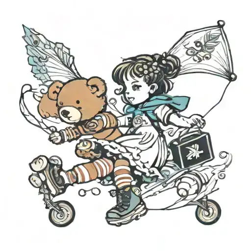 a little girl flying a kite, holding the hand of a teddy bear in roller skates and it says "go fly a kite" tattoo design idea